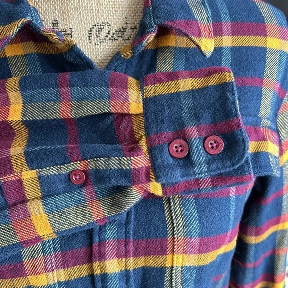 Patagonia Fjord worn wear organic cotton navy mustard burgundy flannel shirt - Picture 7 of 16